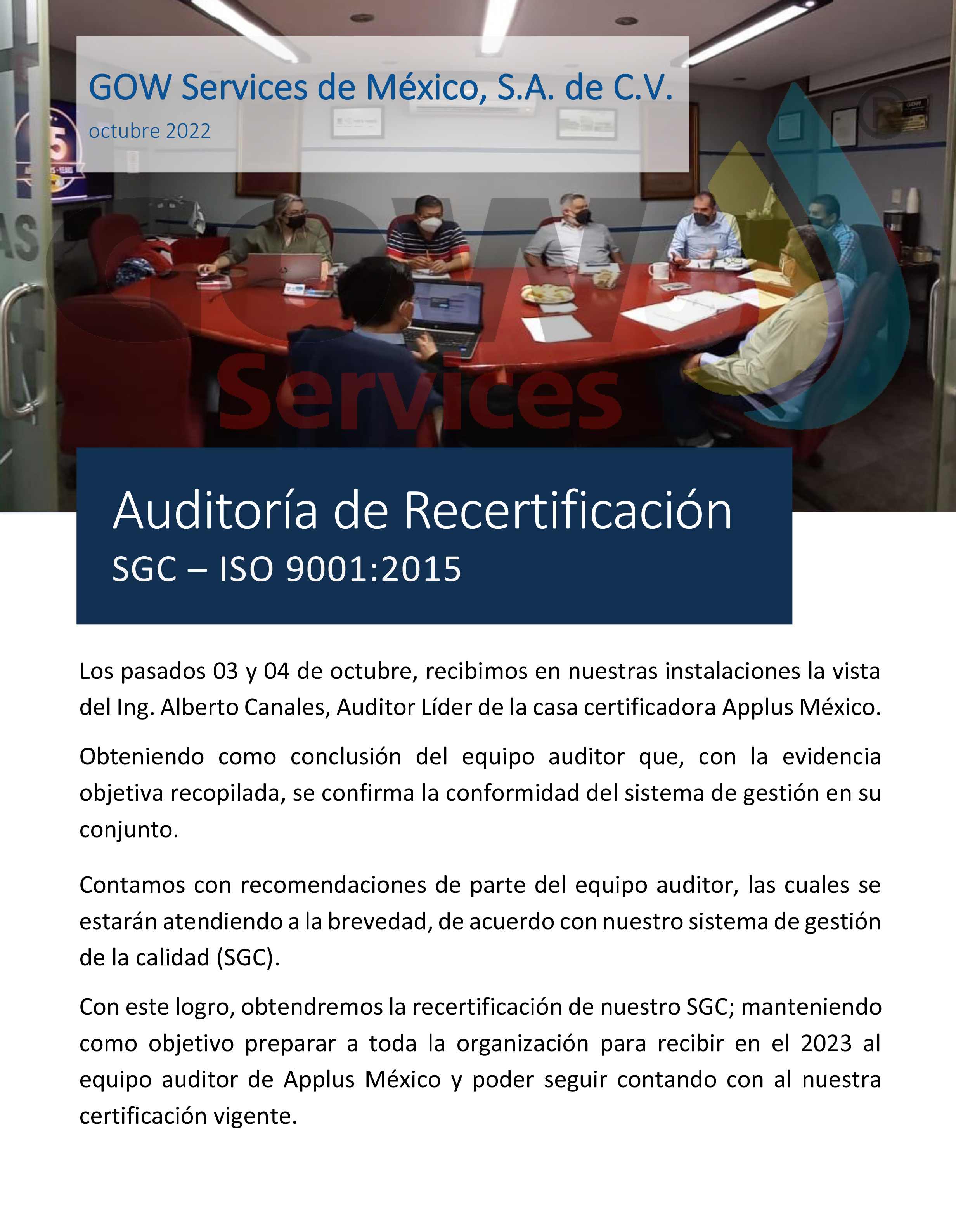 Noticia Auditoría de Recertificación oct. 2022